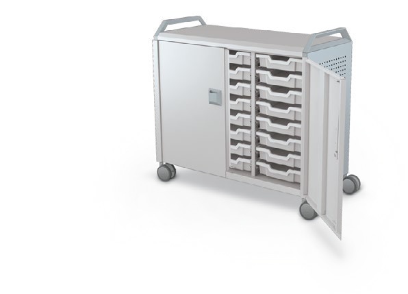 MooreCo Maxi H2 — Peg / With Doors / (24) 3" Totes / Handles. Verified matching front configuration; back panel is not visible. Finish representative.