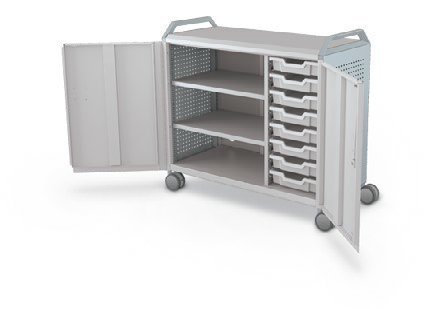 MooreCo Maxi H2 — Peg / With Doors / (8) 3" Totes + Left Hand Shelves / Handles. Verified matching front configuration; back panel is not visible. Finish representative.