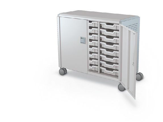 MooreCo Maxi H2 — Peg / With Doors / (24) 3" Totes. Verified matching front configuration; back panel is not visible. Finish representative.