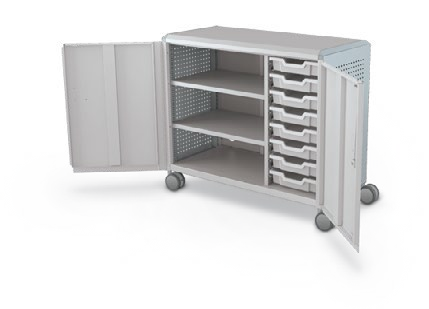 MooreCo Maxi H2 — Peg / With Doors / (8) 3" Totes + Left Hand Shelves. Verified matching front configuration; back panel is not visible. Finish representative.