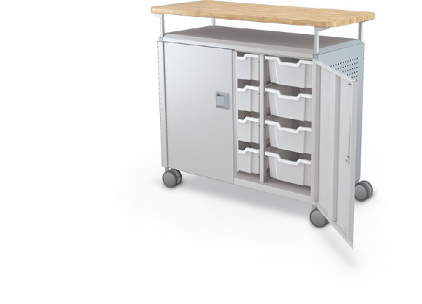 MooreCo Maxi H2 — Peg / With Doors / (12) 6" Totes / Butcher. Verified matching front configuration; back panel is not visible. Finish representative.