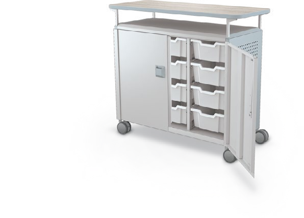 MooreCo Maxi H2 — Peg / With Doors / (12) 6" Totes / Laminate. Verified matching front configuration; back panel is not visible. Finish representative.