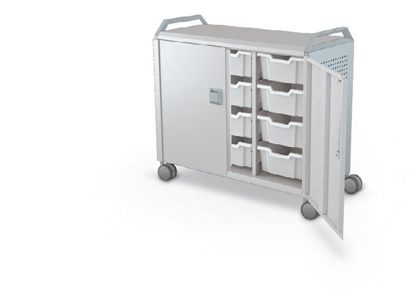 MooreCo Maxi H2 — Peg / With Doors / (12) 6" Totes / Handles. Verified matching front configuration; back panel is not visible. Finish representative.