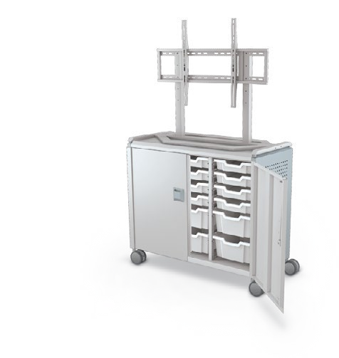 MooreCo Maxi H2 — Peg / With Doors / (12) 3" Totes + (6) 6" Totes / TV Mount. Verified matching front configuration; back panel is not visible. Finish representative.