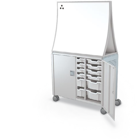 MooreCo Maxi H2 — Peg / With Doors / (12) 3" Totes + (6) 6" Totes / Ogee. Verified matching front configuration; back panel is not visible. Finish representative.