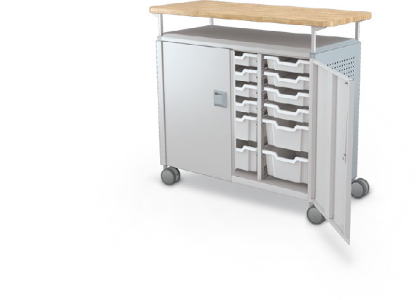 MooreCo Maxi H2 — Peg / With Doors / (12) 3" Totes + (6) 6" Totes / Butcher. Verified matching front configuration; back panel is not visible. Finish representative.