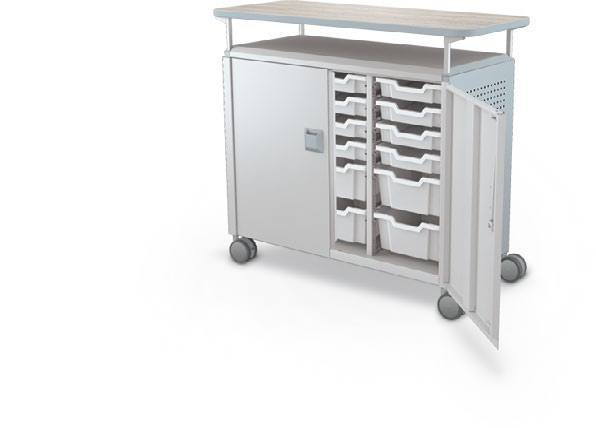 MooreCo Maxi H2 — Peg / With Doors / (12) 3" Totes + (6) 6" Totes / Laminate. Verified matching front configuration; back panel is not visible. Finish representative.