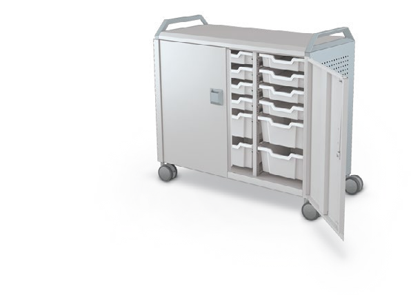 MooreCo Maxi H2 — Peg / With Doors / (12) 3" Totes + (6) 6" Totes / Handles. Verified matching front configuration; back panel is not visible. Finish representative.