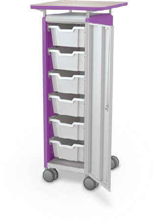 MooreCo Mini H3 — Standard / Right / (6) 6" Totes / Laminate. Verified matching front configuration; back panel is not visible. Finish representative.