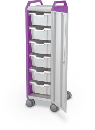 MooreCo Mini H3 — Standard / Right / (6) 6" Totes / Handles. Verified matching front configuration; back panel is not visible. Finish representative.