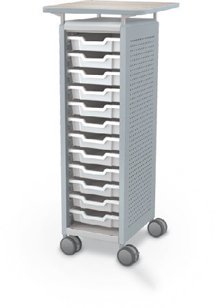 MooreCo Mini H3 — Peg / Left (Standard) / (12) 3" Totes / Laminate. Verified matching front configuration; back panel is not visible. Finish representative.