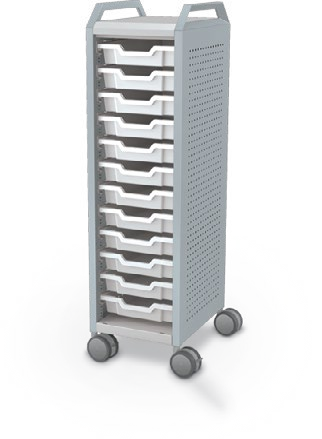 MooreCo Mini H3 — Peg / Left (Standard) / (12) 3" Totes / Handles. Verified matching front configuration; back panel is not visible. Finish representative.