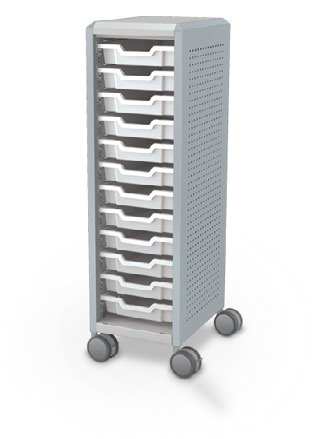MooreCo Mini H3 — Peg / Left (Standard) / (12) 3" Totes. Verified matching front configuration; back panel is not visible. Finish representative.