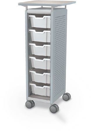 MooreCo Mini H3 — Peg / Left (Standard) / (6) 6" Totes / Laminate. Verified matching front configuration; back panel is not visible. Finish representative.