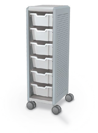 MooreCo Mini H3 — Peg / Left (Standard) / (6) 6" Totes. Verified matching front configuration; back panel is not visible. Finish representative.