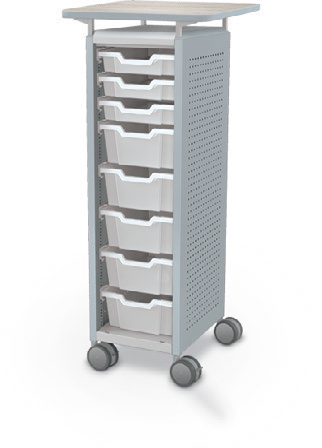 MooreCo Mini H3 — Peg / Left (Standard) / (3) 3" Totes + (5) 6" Totes / Laminate. Verified matching front configuration; back panel is not visible. Finish representative.
