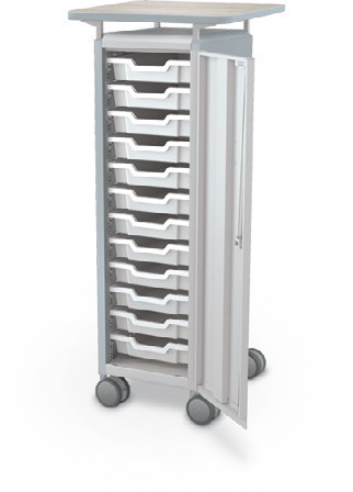 MooreCo Mini H3 — Peg / Right / (12) 3" Totes / Laminate. Verified matching front configuration; back panel is not visible. Finish representative.