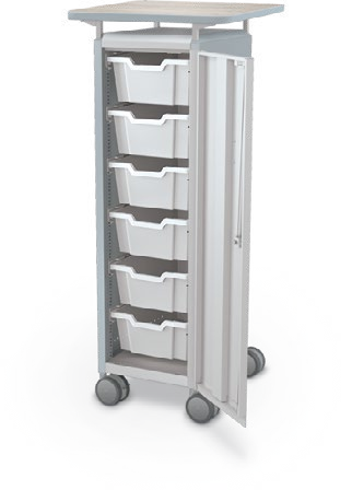 MooreCo Mini H3 — Peg / Right / (6) 6" Totes / Laminate. Verified matching front configuration; back panel is not visible. Finish representative.