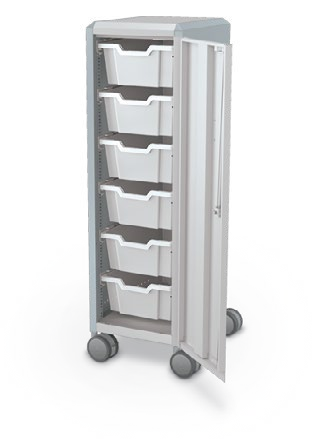 MooreCo Mini H3 — Peg / Right / (6) 6" Totes. Verified matching front configuration; back panel is not visible. Finish representative.
