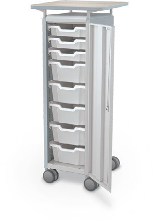 MooreCo Mini H3 — Peg / Right / (3) 3" Totes + (5) 6" Totes / Laminate. Verified matching front configuration; back panel is not visible. Finish representative.