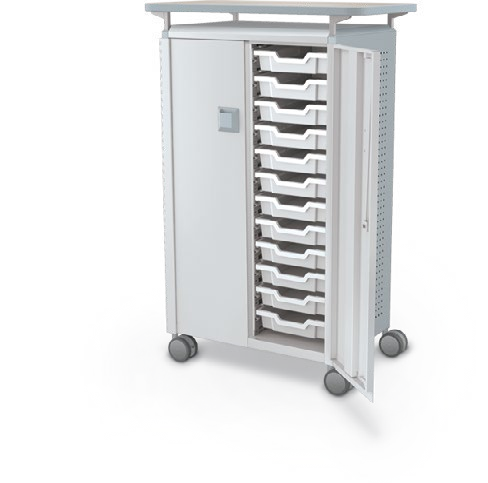 MooreCo Midi H3 — Peg / With Doors / (24) 3" Totes / Laminate. Verified matching front configuration; back panel is not visible. Finish representative.