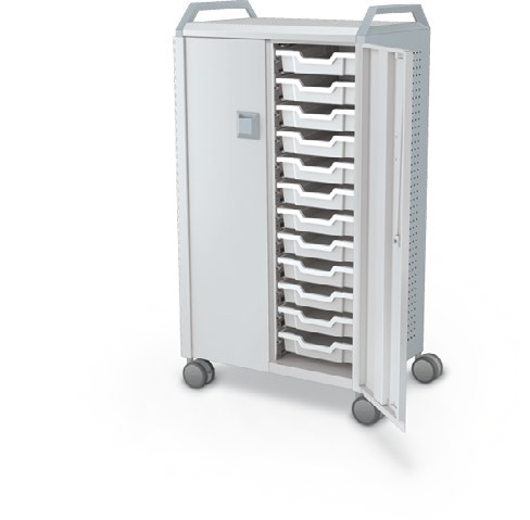 MooreCo Midi H3 — Peg / With Doors / (24) 3" Totes / Handles. Verified matching front configuration; back panel is not visible. Finish representative.