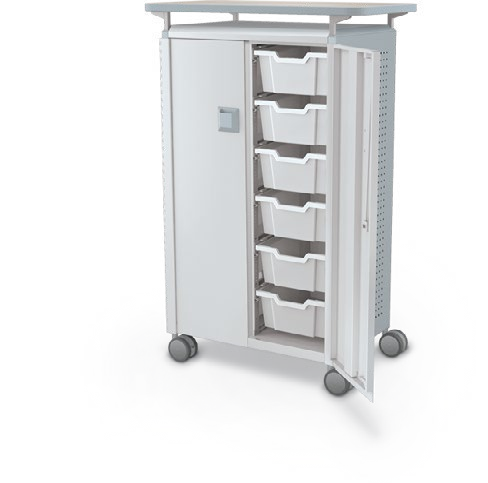 MooreCo Midi H3 — Peg / With Doors / (12) 6" Totes / Laminate. Verified matching front configuration; back panel is not visible. Finish representative.