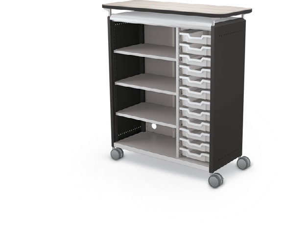 MooreCo Maxi H3 — Standard / No Doors / (12) 3" Totes + Left Hand Shelves / Laminate. Verified matching front configuration; back panel is not visible. Finish representative.