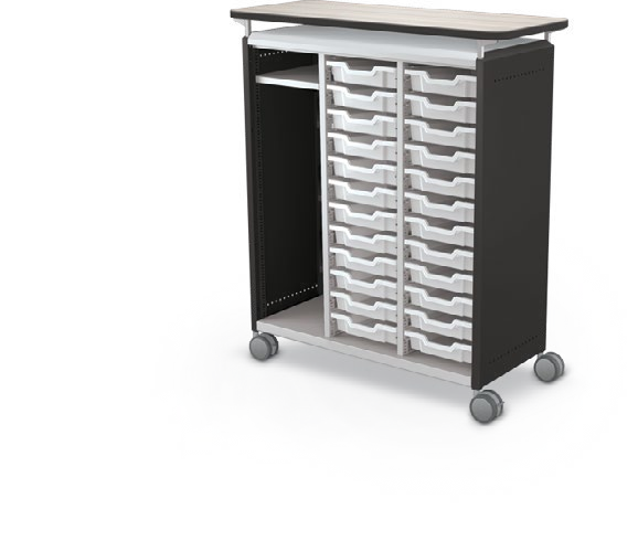 MooreCo Maxi H3 — Standard / No Doors / (24) 3" Totes + LH Wardrobe / Laminate. Verified matching front configuration; back panel is not visible. Finish representative.
