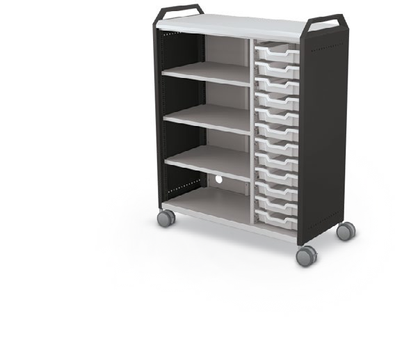 MooreCo Maxi H3 — Standard / No Doors / (12) 3" Totes + Left Hand Shelves / Handles. Verified matching front configuration; back panel is not visible. Finish representative.