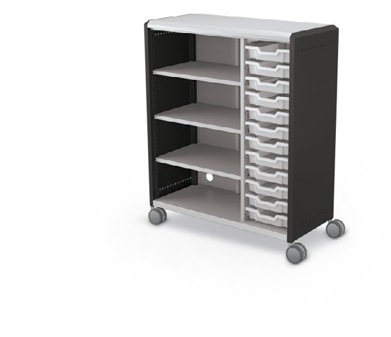 MooreCo Maxi H3 — Standard / No Doors / (12) 3" Totes + Left Hand Shelves. Verified matching front configuration; back panel is not visible. Finish representative.