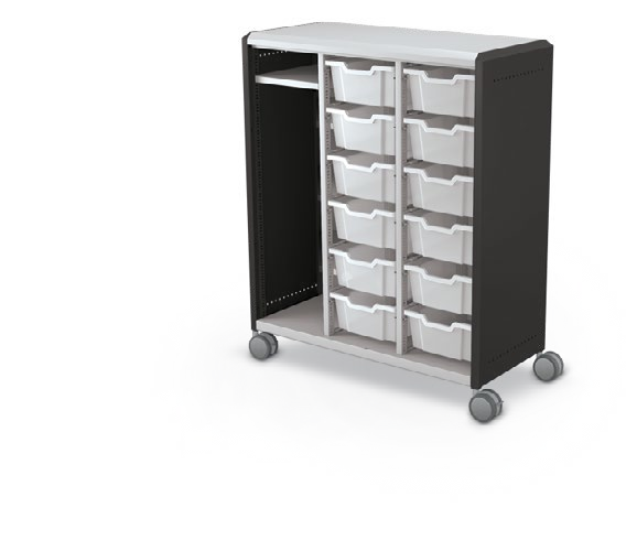 MooreCo Maxi H3 — Standard / No Doors / (12) 6" Totes + LH Wardrobe. Verified matching front configuration; back panel is not visible. Finish representative.