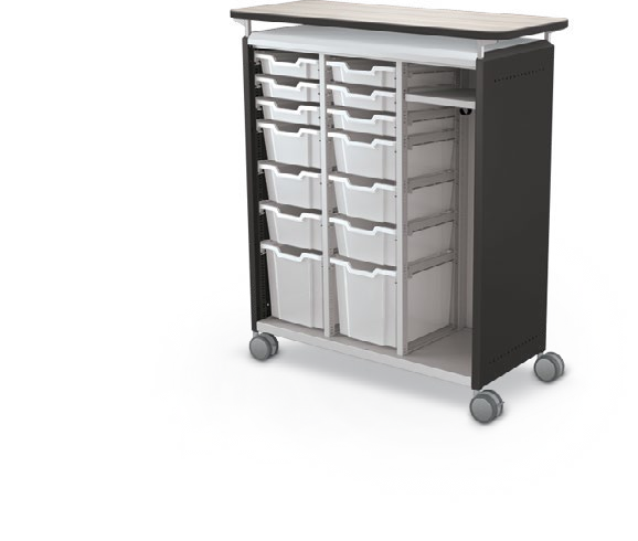 MooreCo Maxi H3 — Standard / No Doors / (6) 3" Totes + (6) 6" Totes + (2) 12" Totes + RH Wardrobe / Laminate. Verified matching front configuration; back panel is not visible. Finish representative.