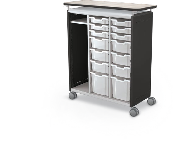 MooreCo Maxi H3 — Standard / No Doors / (6) 3" Totes + (6) 6" Totes + (2) 12" Totes + LH Wardrobe / Laminate. Verified matching front configuration; back panel is not visible. Finish representative.