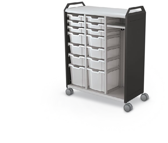 MooreCo Maxi H3 — Standard / No Doors / (6) 3" Totes + (6) 6" Totes + (2) 12" Totes + RH Wardrobe / Handles. Verified matching front configuration; back panel is not visible. Finish representative.