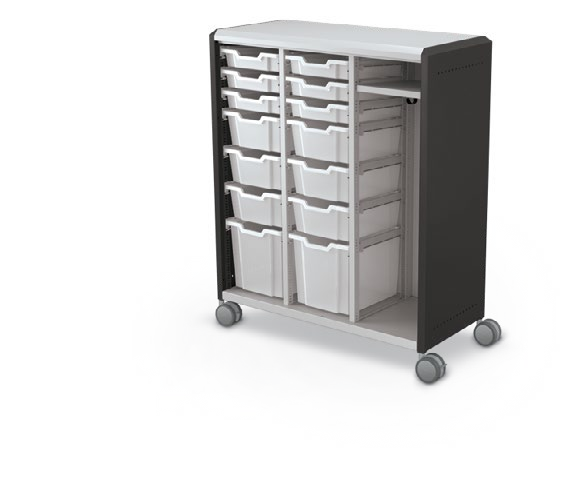 MooreCo Maxi H3 — Standard / No Doors / (6) 3" Totes + (6) 6" Totes + (2) 12" Totes + RH Wardrobe. Verified matching front configuration; back panel is not visible. Finish representative.