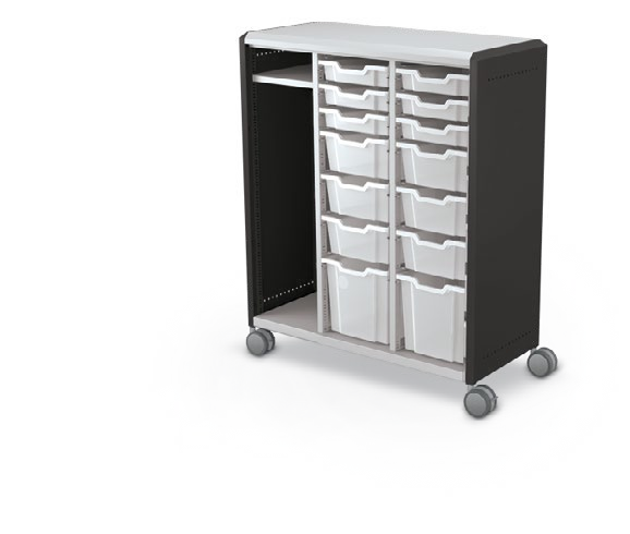 MooreCo Maxi H3 — Standard / No Doors / (6) 3" Totes + (6) 6" Totes + (2) 12" Totes + LH Wardrobe. Verified matching front configuration; back panel is not visible. Finish representative.