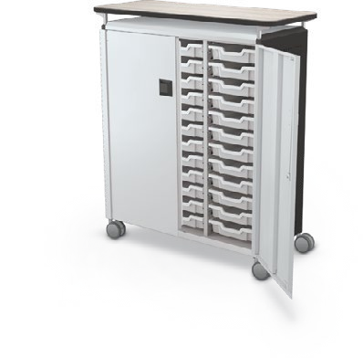 MooreCo Maxi H3 — Standard / With Doors / (36) 3" Totes / Laminate. Verified matching front configuration; back panel is not visible. Finish representative.