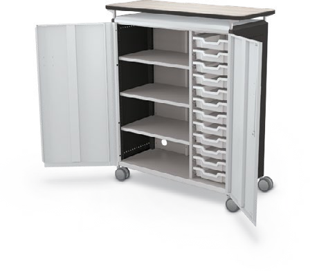 MooreCo Maxi H3 — Standard / With Doors / (12) 3" Totes + Left Hand Shelves / Laminate. Verified matching front configuration; back panel is not visible. Finish representative.