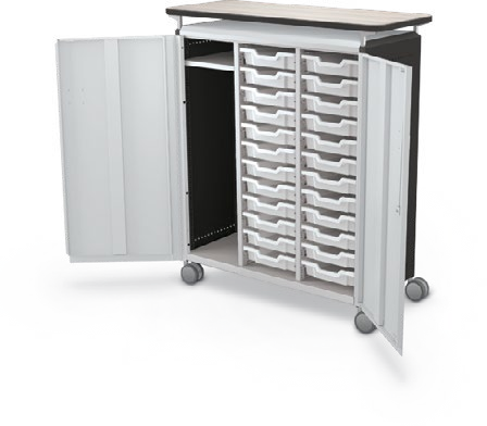 MooreCo Maxi H3 — Standard / With Doors / (24) 3" Totes + LH Wardrobe / Laminate. Verified matching front configuration; back panel is not visible. Finish representative.