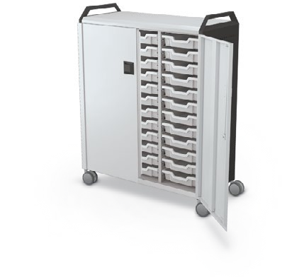 MooreCo Maxi H3 — Standard / With Doors / (36) 3" Totes / Handles. Verified matching front configuration; back panel is not visible. Finish representative.