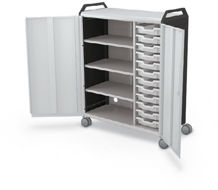MooreCo Maxi H3 — Standard / With Doors / (12) 3" Totes + Left Hand Shelves / Handles. Verified matching front configuration; back panel is not visible. Finish representative.