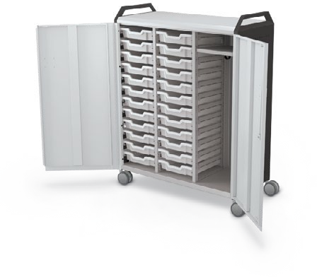 MooreCo Maxi H3 — Standard / With Doors / (24) 3" Totes + RH Wardrobe / Handles. Verified matching front configuration; back panel is not visible. Finish representative.