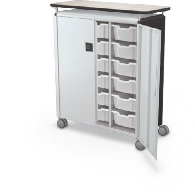 MooreCo Maxi H3 — Standard / With Doors / (18) 6" Totes / Laminate. Verified matching front configuration; back panel is not visible. Finish representative.