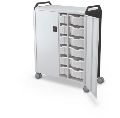 MooreCo Maxi H3 — Standard / With Doors / (18) 6" Totes / Handles. Verified matching front configuration; back panel is not visible. Finish representative.