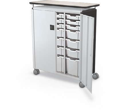 MooreCo Maxi H3 — Standard / With Doors / (9) 3" Totes + (9) 6" Totes + (3) 12" Totes / Laminate. Verified matching front configuration; back panel is not visible. Finish representative.