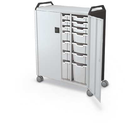 MooreCo Maxi H3 — Standard / With Doors / (9) 3" Totes + (9) 6" Totes + (3) 12" Totes / Handles. Verified matching front configuration; back panel is not visible. Finish representative.