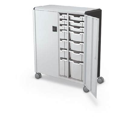 MooreCo Maxi H3 — Standard / With Doors / (9) 3" Totes + (9) 6" Totes + (3) 12" Totes. Verified matching front configuration; back panel is not visible. Finish representative.
