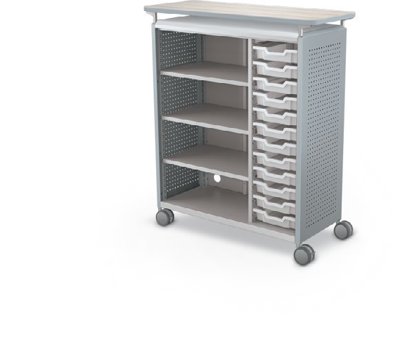 MooreCo Maxi H3 — Peg / No Doors / (12) 3" Totes + Left Hand Shelves / Laminate. Verified matching front configuration; back panel is not visible. Finish representative.