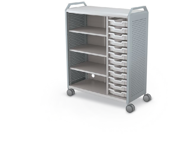MooreCo Maxi H3 — Peg / No Doors / (12) 3" Totes + Left Hand Shelves / Handles. Verified matching front configuration; back panel is not visible. Finish representative.